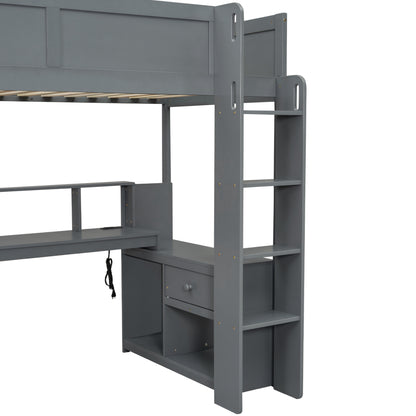 Wood Twin Size Gaming Loft Bed with Desk, Multi-storage Shelves, LED and Charging Station, Dark Gray