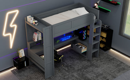 Wood Twin Size Gaming Loft Bed with Desk, Multi-storage Shelves, LED and Charging Station, Dark Gray
