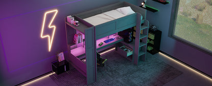 Wood Twin Size Gaming Loft Bed with Desk, Multi-storage Shelves, LED and Charging Station, Dark Gray