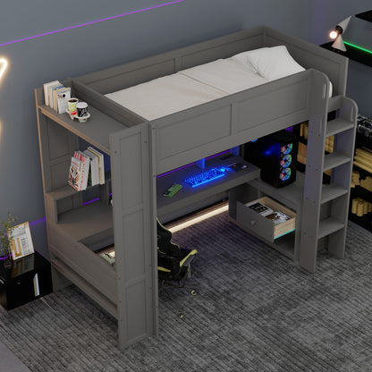 Wood Twin Size Gaming Loft Bed with Desk, Multi-storage Shelves, LED and Charging Station, Dark Gray