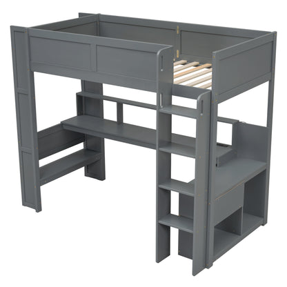 Wood Twin Size Gaming Loft Bed with Desk, Multi-storage Shelves, LED and Charging Station, Dark Gray