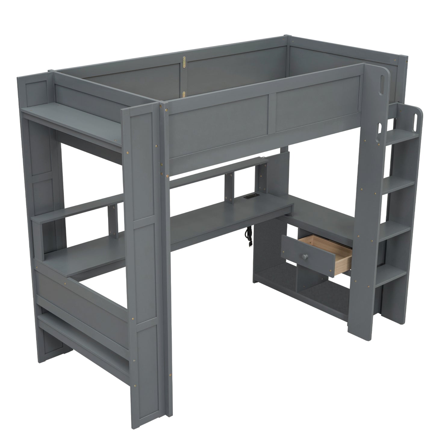 Wood Twin Size Gaming Loft Bed with Desk, Multi-storage Shelves, LED and Charging Station, Dark Gray