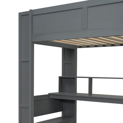 Wood Twin Size Gaming Loft Bed with Desk, Multi-storage Shelves, LED and Charging Station, Dark Gray