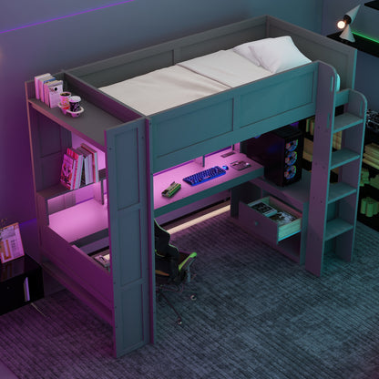 Wood Twin Size Gaming Loft Bed with Desk, Multi-storage Shelves, LED and Charging Station, Dark Gray
