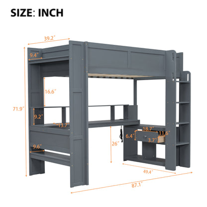 Wood Twin Size Gaming Loft Bed with Desk, Multi-storage Shelves, LED and Charging Station, Dark Gray