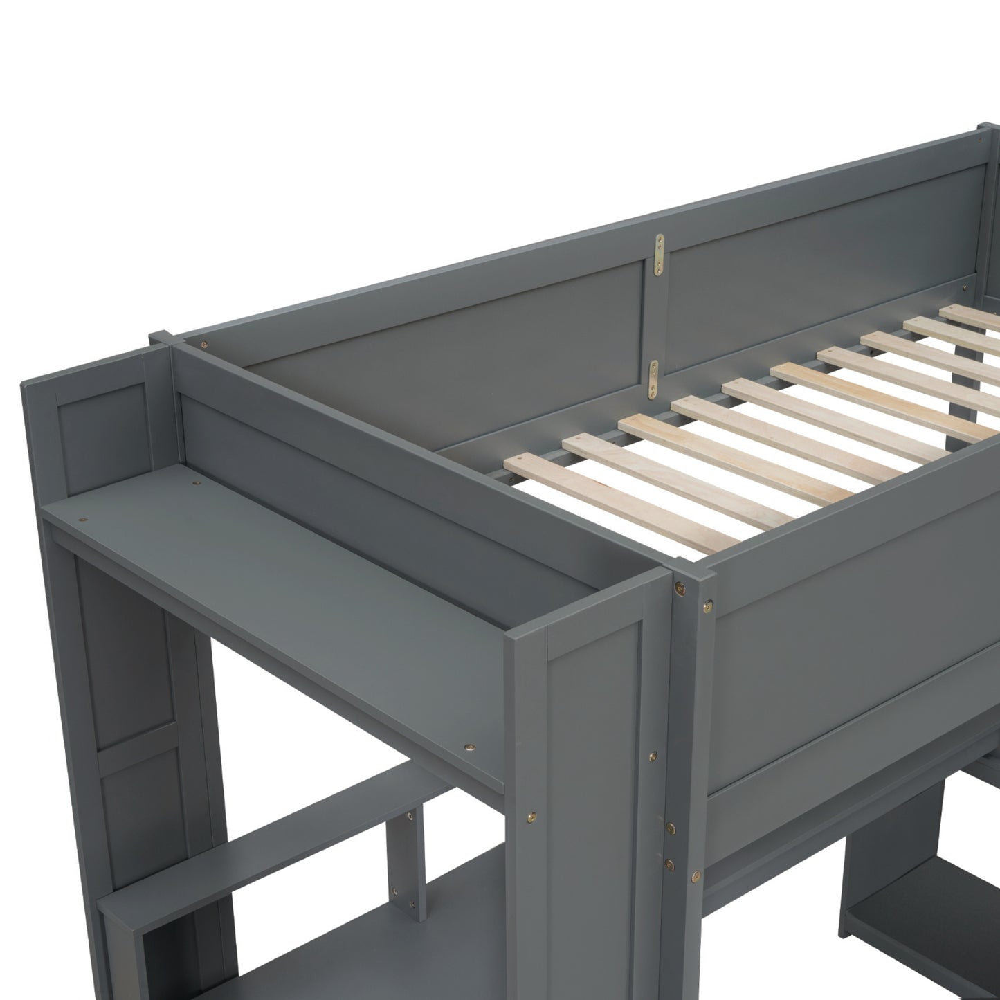 Wood Twin Size Gaming Loft Bed with Desk, Multi-storage Shelves, LED and Charging Station, Dark Gray