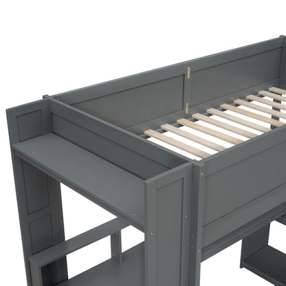 Wood Twin Size Gaming Loft Bed with Desk, Multi-storage Shelves, LED and Charging Station, Dark Gray