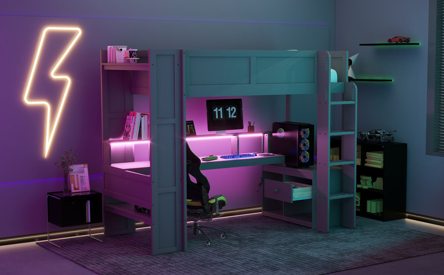Wood Twin Size Gaming Loft Bed with Desk, Multi-storage Shelves, LED and Charging Station, Dark Gray
