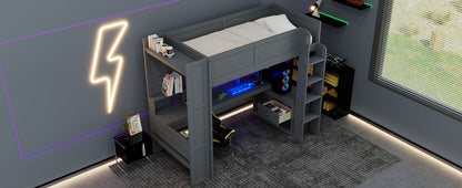 Wood Twin Size Gaming Loft Bed with Desk, Multi-storage Shelves, LED and Charging Station, Dark Gray