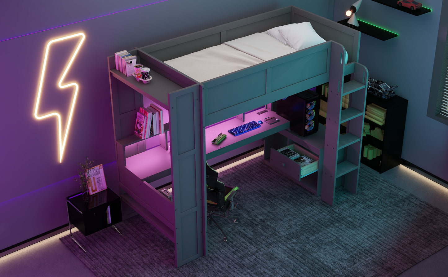 Wood Twin Size Gaming Loft Bed with Desk, Multi-storage Shelves, LED and Charging Station, Dark Gray