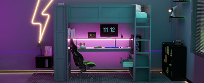 Wood Twin Size Gaming Loft Bed with Desk, Multi-storage Shelves, LED and Charging Station, Dark Gray