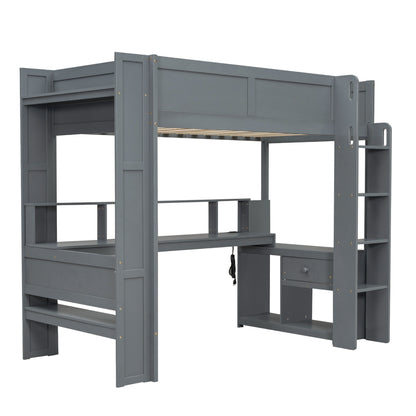 Wood Twin Size Gaming Loft Bed with Desk, Multi-storage Shelves, LED and Charging Station, Dark Gray