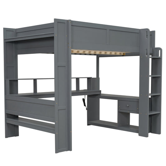 Wood Full Size Gaming Loft Bed with Desk, Multi-storage Shelves, LED and Charging Station, Dark Gray