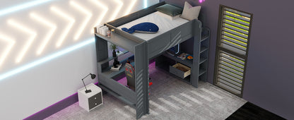Wood Full Size Gaming Loft Bed with Desk, Multi-storage Shelves, LED and Charging Station, Dark Gray