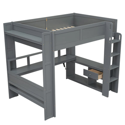 Wood Full Size Gaming Loft Bed with Desk, Multi-storage Shelves, LED and Charging Station, Dark Gray