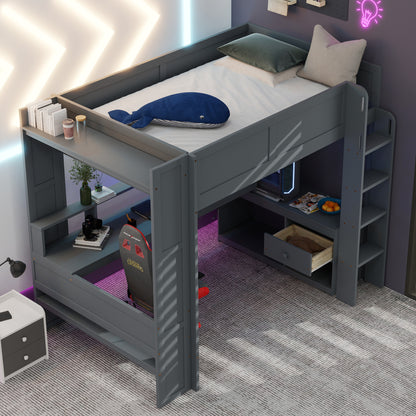 Wood Full Size Gaming Loft Bed with Desk, Multi-storage Shelves, LED and Charging Station, Dark Gray
