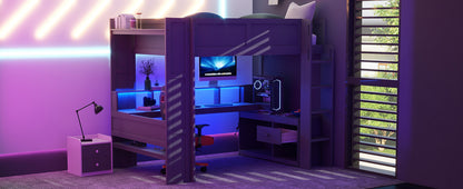 Wood Full Size Gaming Loft Bed with Desk, Multi-storage Shelves, LED and Charging Station, Dark Gray