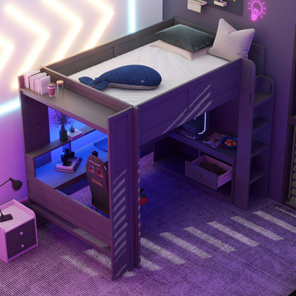 Wood Full Size Gaming Loft Bed with Desk, Multi-storage Shelves, LED and Charging Station, Dark Gray
