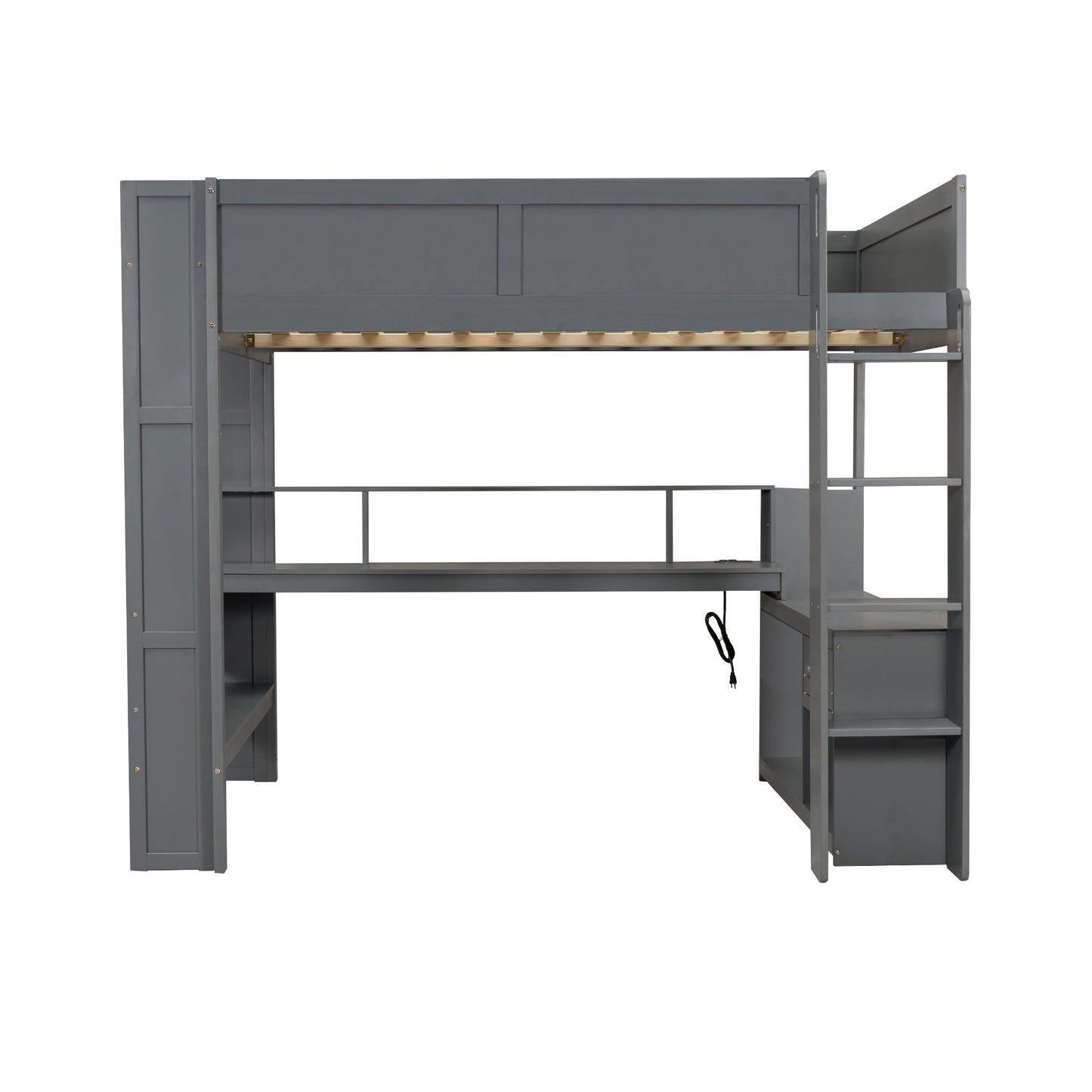Wood Full Size Gaming Loft Bed with Desk, Multi-storage Shelves, LED and Charging Station, Dark Gray