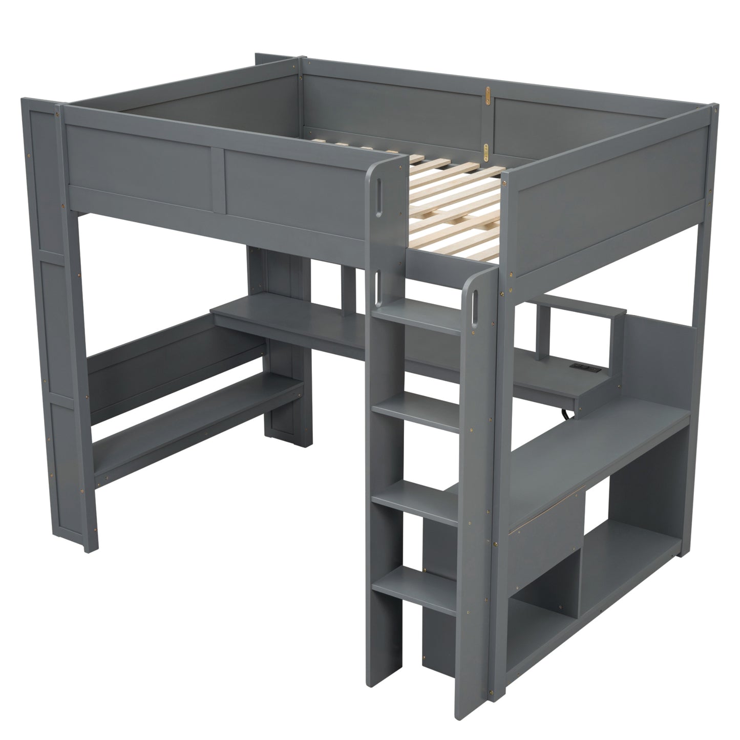Wood Full Size Gaming Loft Bed with Desk, Multi-storage Shelves, LED and Charging Station, Dark Gray