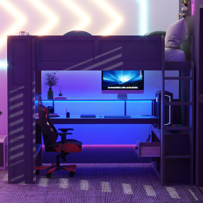Wood Full Size Gaming Loft Bed with Desk, Multi-storage Shelves, LED and Charging Station, Dark Gray