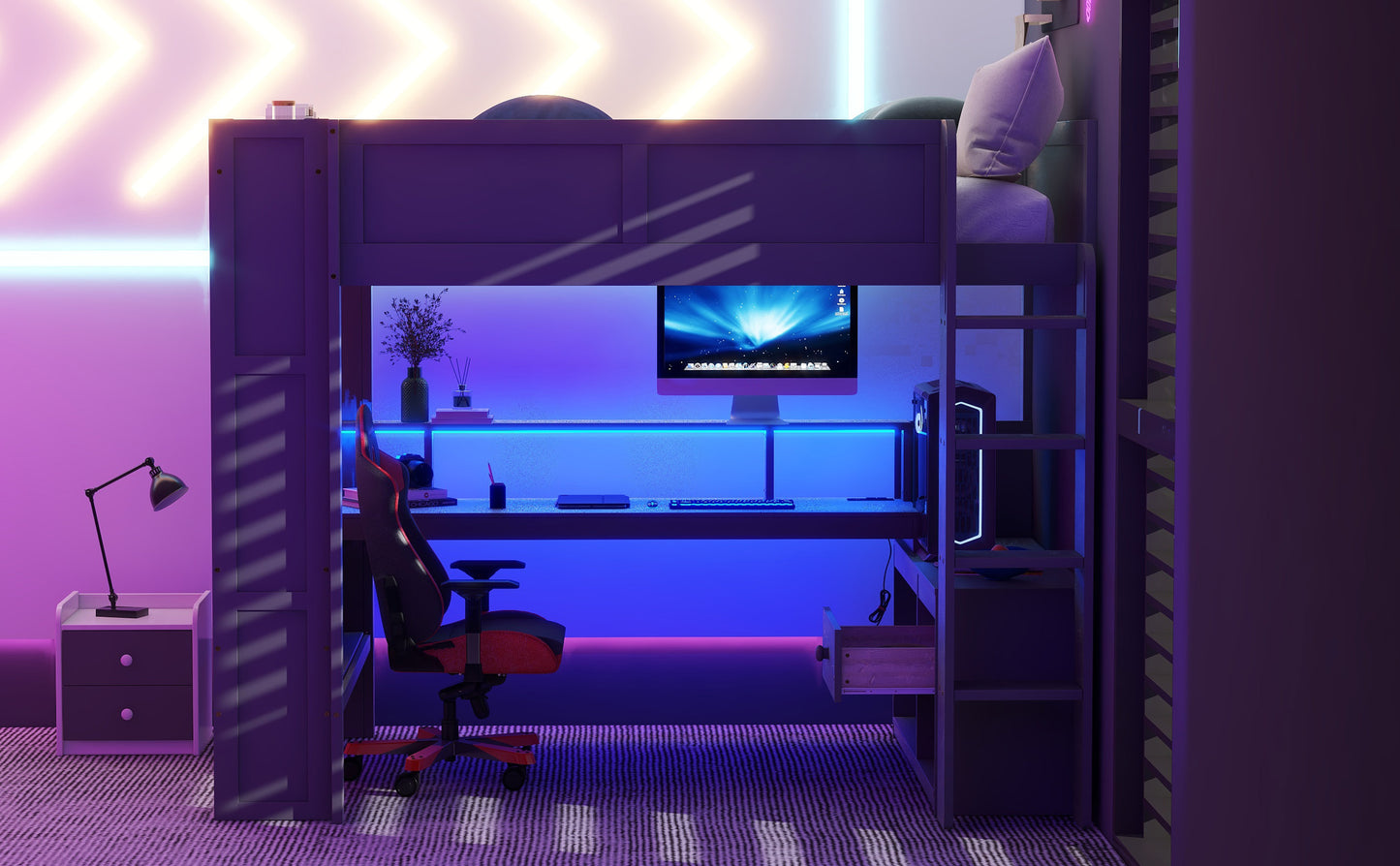 Wood Full Size Gaming Loft Bed with Desk, Multi-storage Shelves, LED and Charging Station, Dark Gray