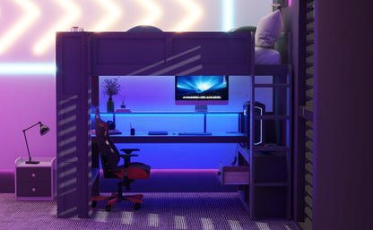 Wood Full Size Gaming Loft Bed with Desk, Multi-storage Shelves, LED and Charging Station, Dark Gray
