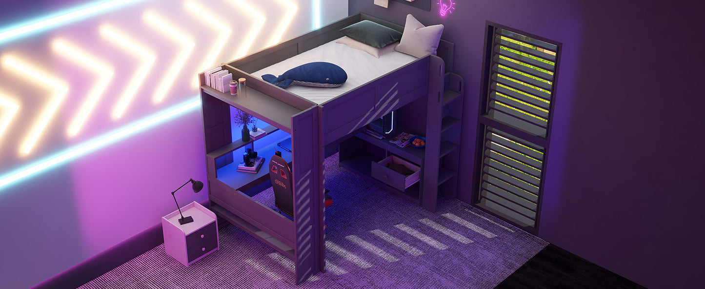 Wood Full Size Gaming Loft Bed with Desk, Multi-storage Shelves, LED and Charging Station, Dark Gray