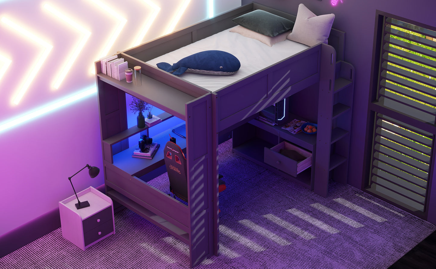 Wood Full Size Gaming Loft Bed with Desk, Multi-storage Shelves, LED and Charging Station, Dark Gray
