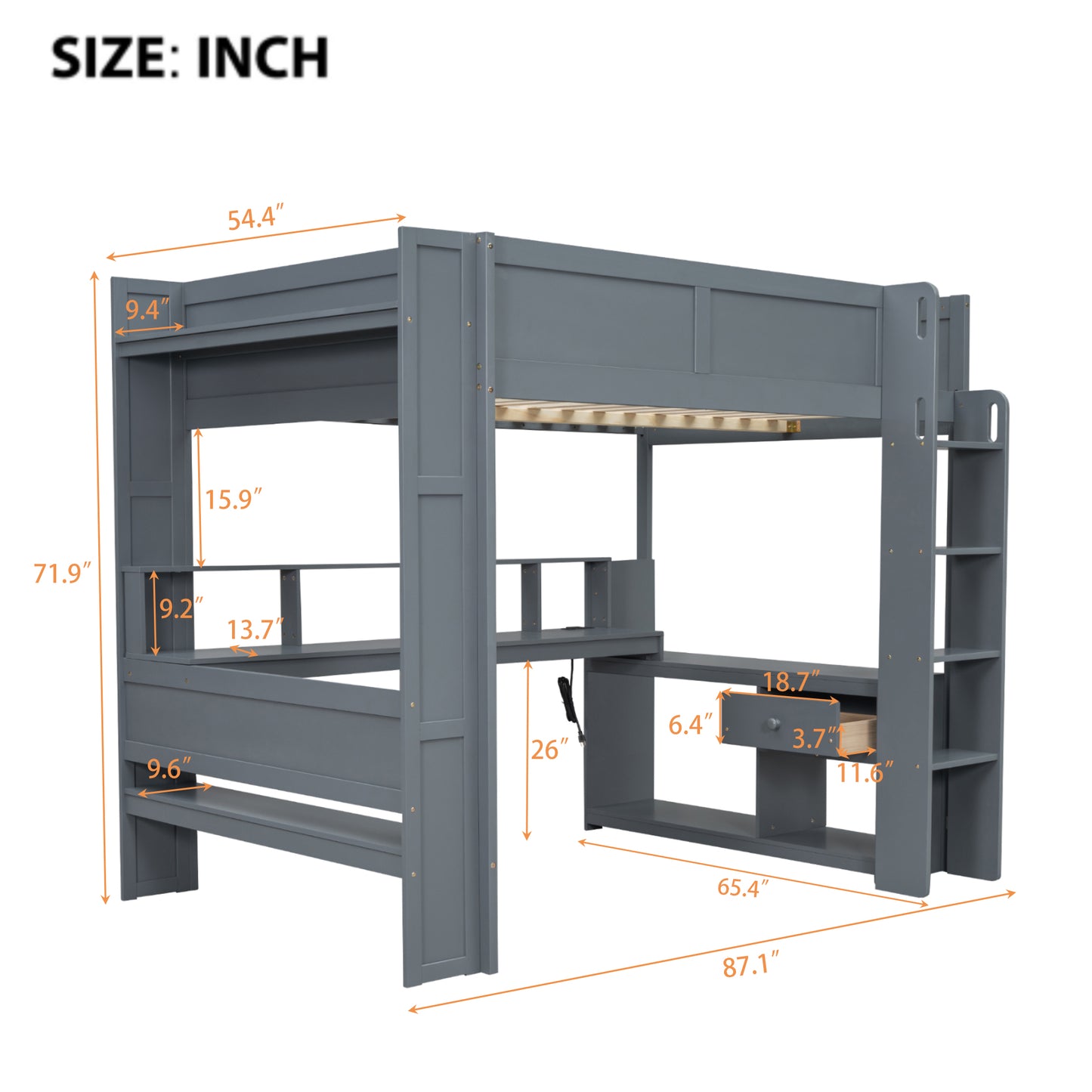 Wood Full Size Gaming Loft Bed with Desk, Multi-storage Shelves, LED and Charging Station, Dark Gray