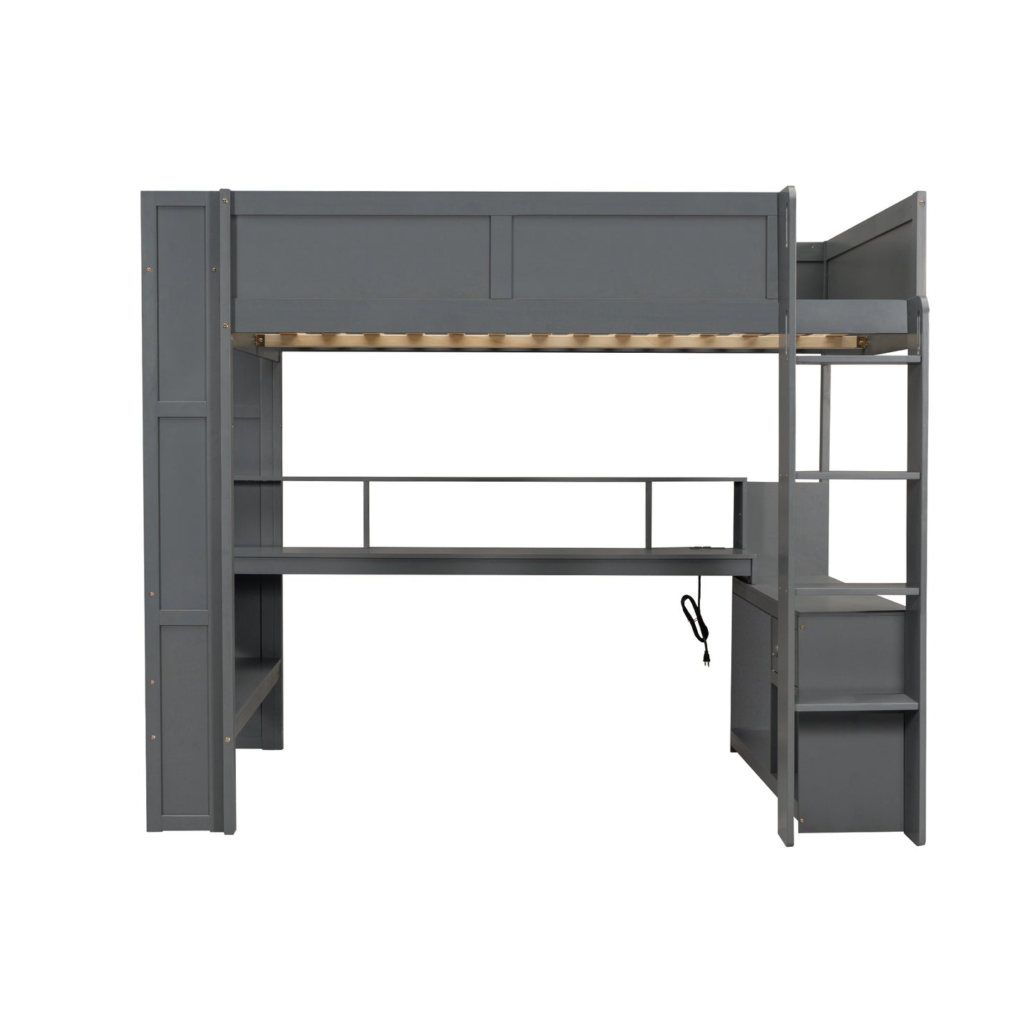 Wood Full Size Gaming Loft Bed with Desk, Multi-storage Shelves, LED and Charging Station, Dark Gray