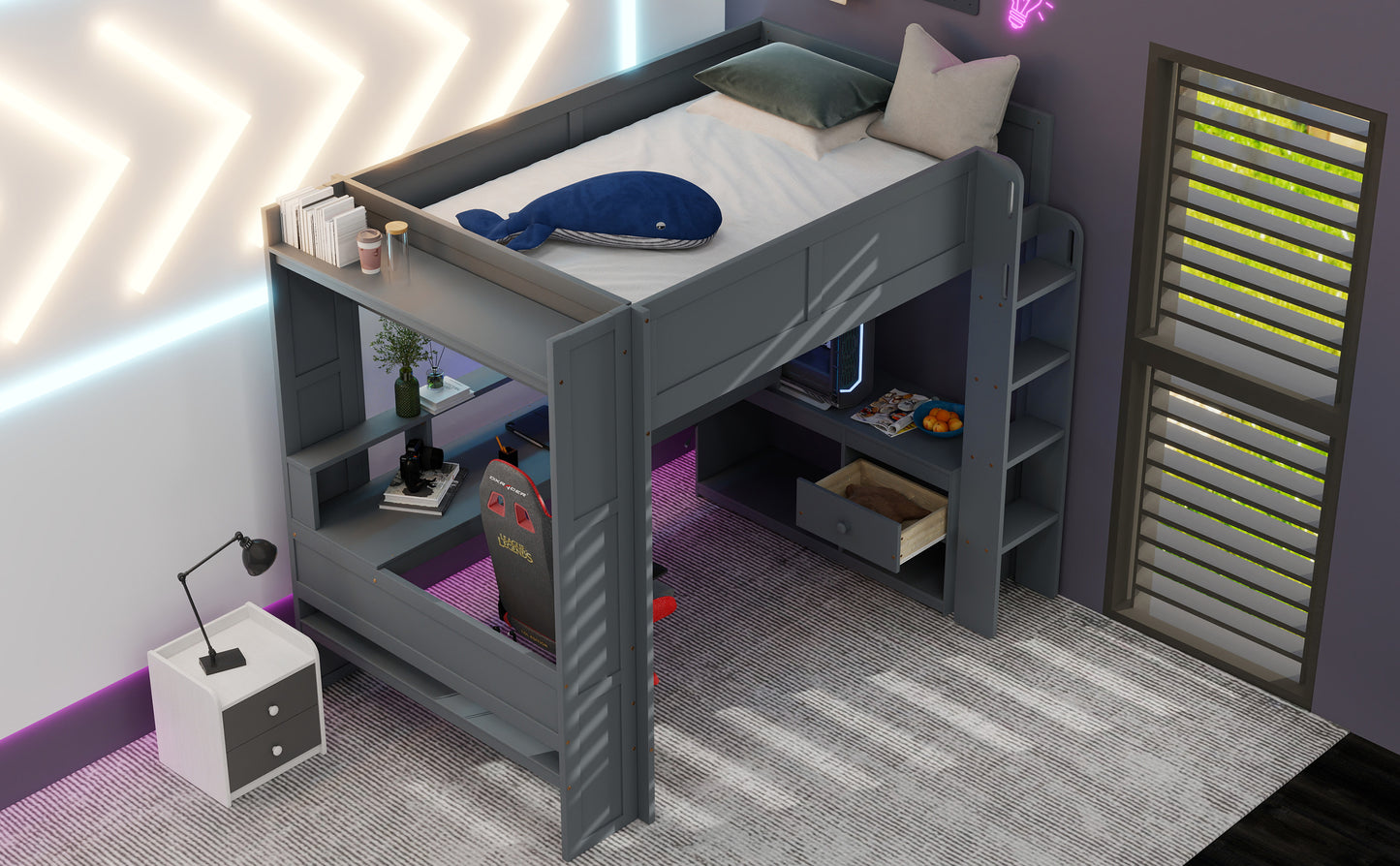 Wood Full Size Gaming Loft Bed with Desk, Multi-storage Shelves, LED and Charging Station, Dark Gray