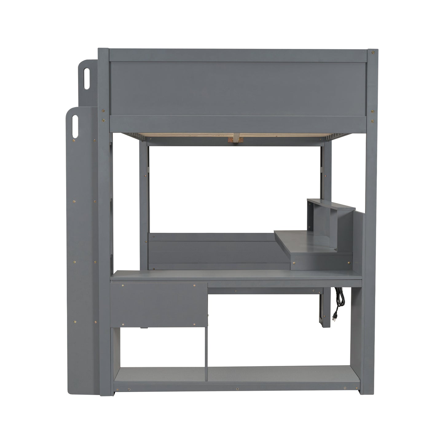 Wood Full Size Gaming Loft Bed with Desk, Multi-storage Shelves, LED and Charging Station, Dark Gray
