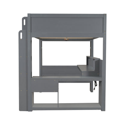 Wood Full Size Gaming Loft Bed with Desk, Multi-storage Shelves, LED and Charging Station, Dark Gray