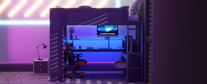 Wood Full Size Gaming Loft Bed with Desk, Multi-storage Shelves, LED and Charging Station, Dark Gray