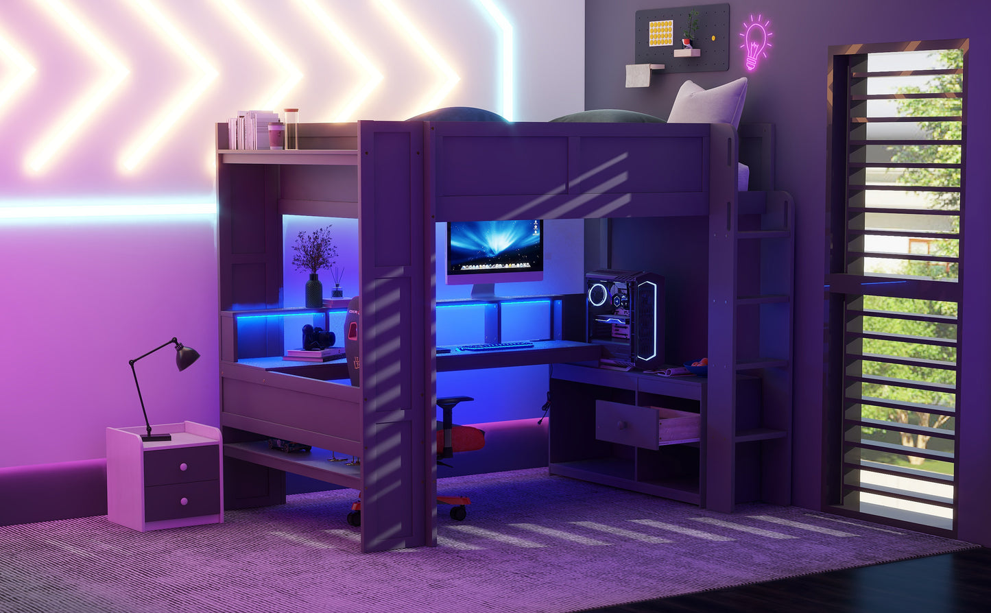 Wood Full Size Gaming Loft Bed with Desk, Multi-storage Shelves, LED and Charging Station, Dark Gray