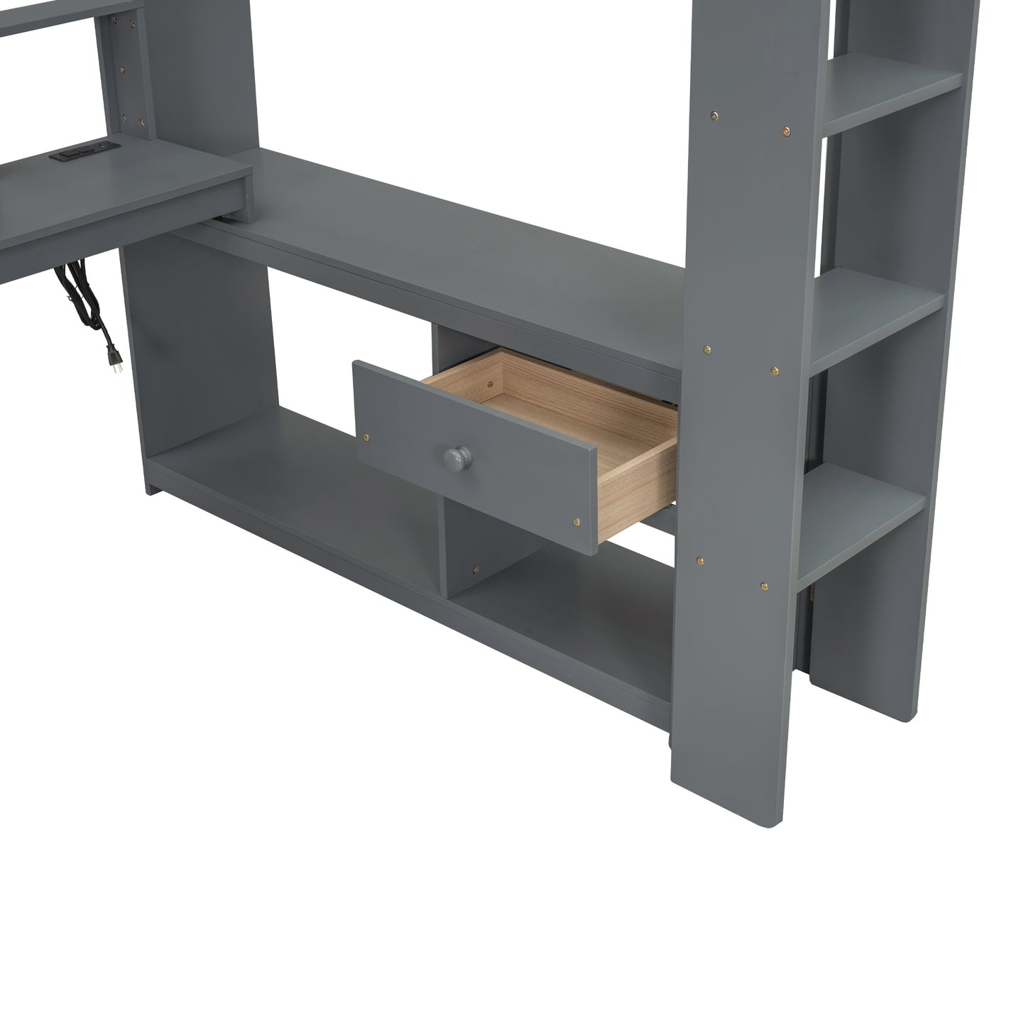 Wood Full Size Gaming Loft Bed with Desk, Multi-storage Shelves, LED and Charging Station, Dark Gray