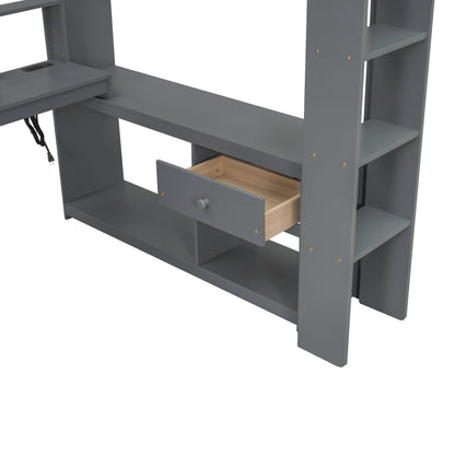 Wood Full Size Gaming Loft Bed with Desk, Multi-storage Shelves, LED and Charging Station, Dark Gray