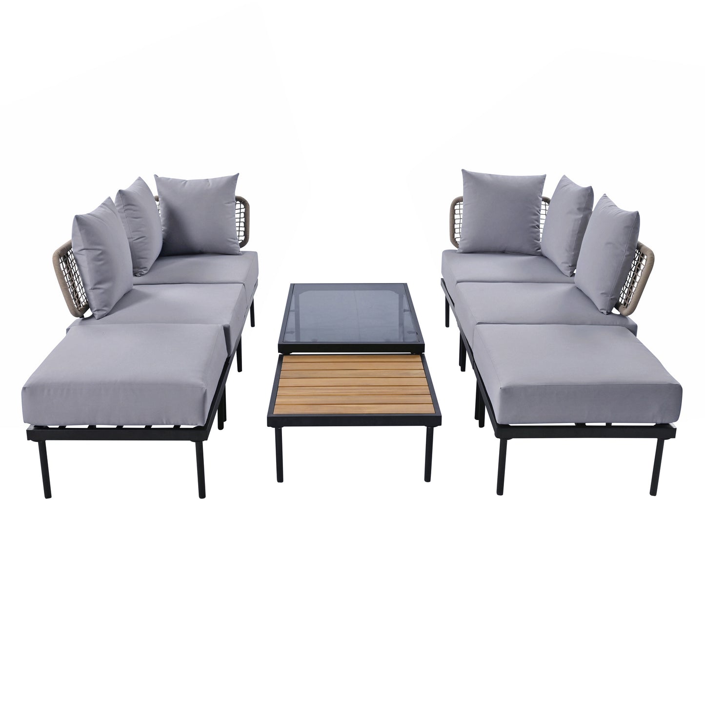 8-Piece Patio Sectional Sofa Set with Tempered Glass Coffee Table and Wooden Coffee Table for Outdoor Oasis, Garden, Patio and Poolside (Light Grey Cushion + Black Steel)