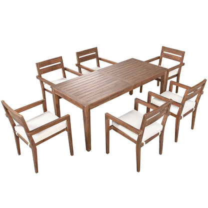 7 Pieces Acacia Wood Outdoor Dining Set with Cushions,Modern 6 Chairs and 1 Large Table, Dining Furniture Set for Lawn, Backyard, Garden Deck,Poolside