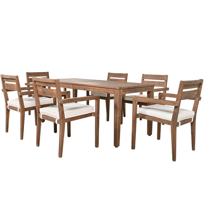 7 Pieces Acacia Wood Outdoor Dining Set with Cushions,Modern 6 Chairs and 1 Large Table, Dining Furniture Set for Lawn, Backyard, Garden Deck,Poolside