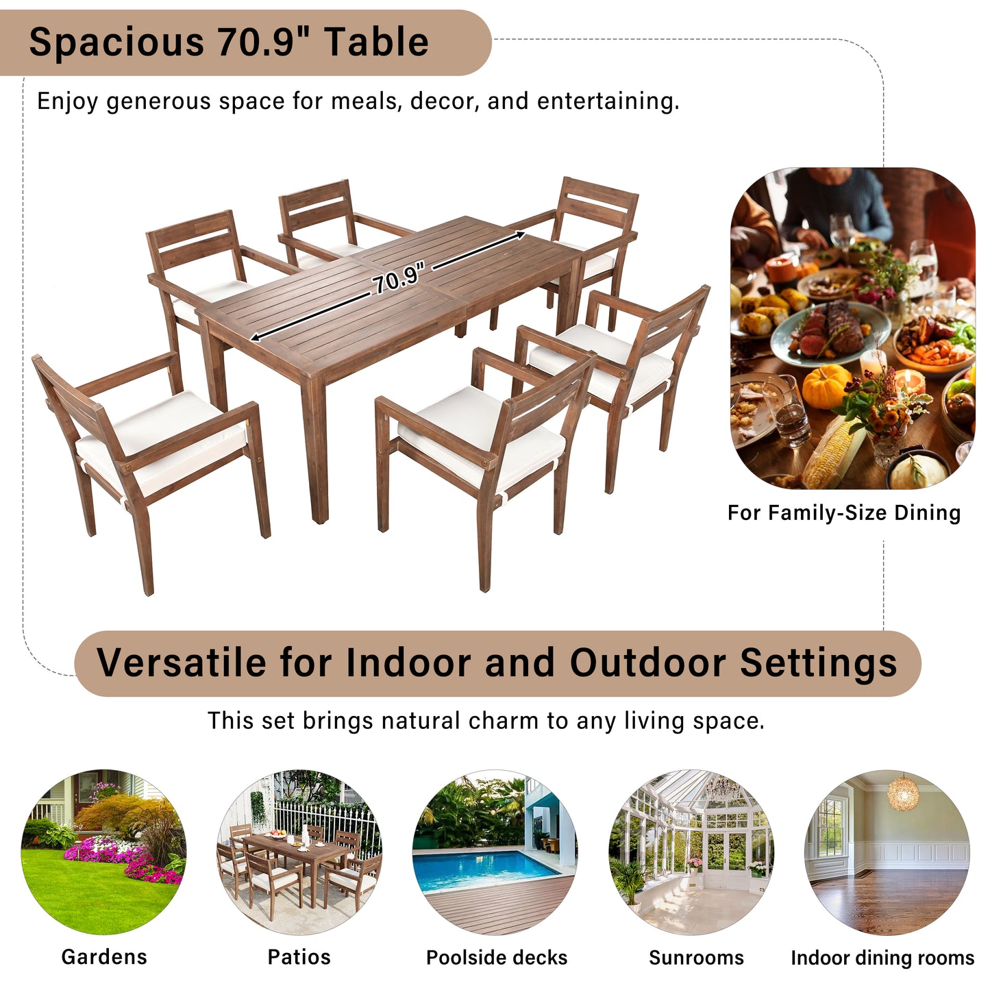 7 Pieces Acacia Wood Outdoor Dining Set with Cushions,Modern 6 Chairs and 1 Large Table, Dining Furniture Set for Lawn, Backyard, Garden Deck,Poolside