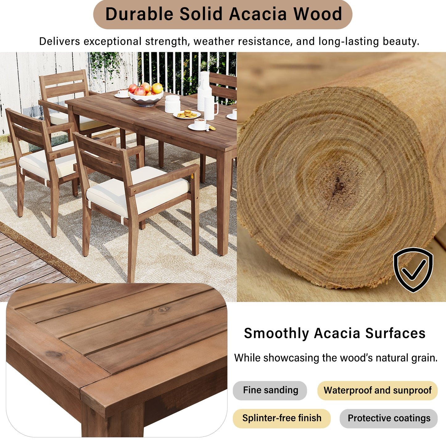 7 Pieces Acacia Wood Outdoor Dining Set with Cushions,Modern 6 Chairs and 1 Large Table, Dining Furniture Set for Lawn, Backyard, Garden Deck,Poolside