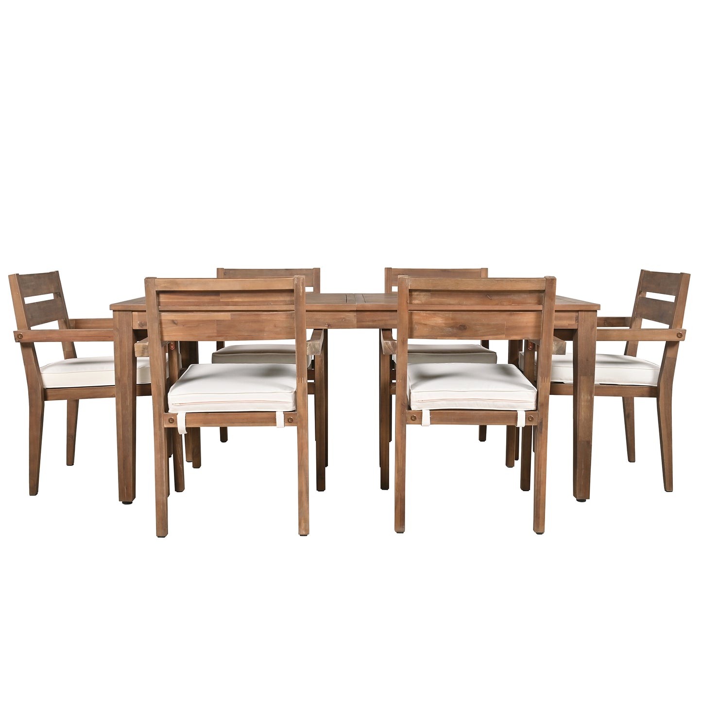 7 Pieces Acacia Wood Outdoor Dining Set with Cushions,Modern 6 Chairs and 1 Large Table, Dining Furniture Set for Lawn, Backyard, Garden Deck,Poolside
