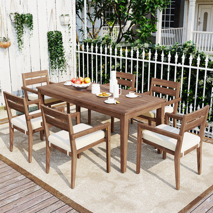 7 Pieces Acacia Wood Outdoor Dining Set with Cushions,Modern 6 Chairs and 1 Large Table, Dining Furniture Set for Lawn, Backyard, Garden Deck,Poolside