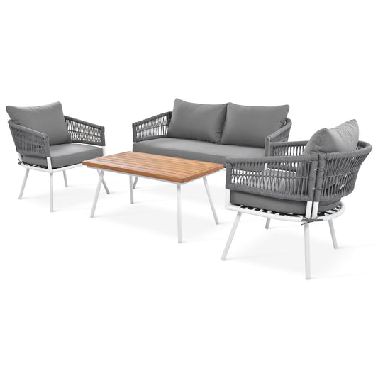 4-Piece Boho Rope Patio Furniture Set, Outdoor Furniture with Acacia Wood Table, Patio Conversation Set with Deep Seating & Thick Cushion for Backyard Porch Balcony, Grey