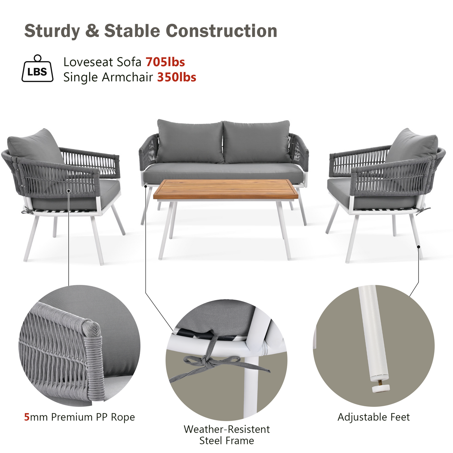 4-Piece Boho Rope Patio Furniture Set, Outdoor Furniture with Acacia Wood Table, Patio Conversation Set with Deep Seating & Thick Cushion for Backyard Porch Balcony, Grey