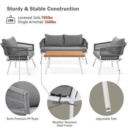 4-Piece Boho Rope Patio Furniture Set, Outdoor Furniture with Acacia Wood Table, Patio Conversation Set with Deep Seating & Thick Cushion for Backyard Porch Balcony, Grey