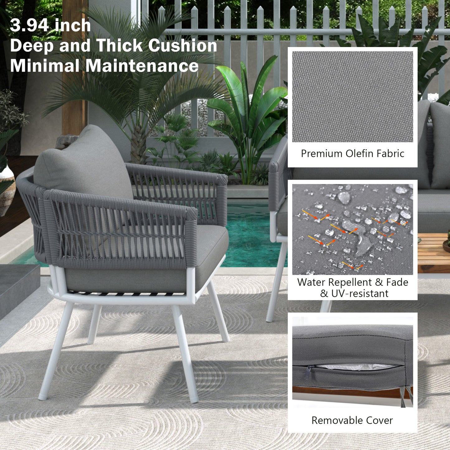 4-Piece Boho Rope Patio Furniture Set, Outdoor Furniture with Acacia Wood Table, Patio Conversation Set with Deep Seating & Thick Cushion for Backyard Porch Balcony, Grey