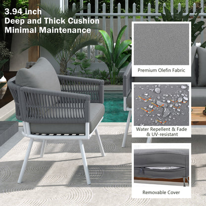 4-Piece Boho Rope Patio Furniture Set, Outdoor Furniture with Acacia Wood Table, Patio Conversation Set with Deep Seating & Thick Cushion for Backyard Porch Balcony, Grey